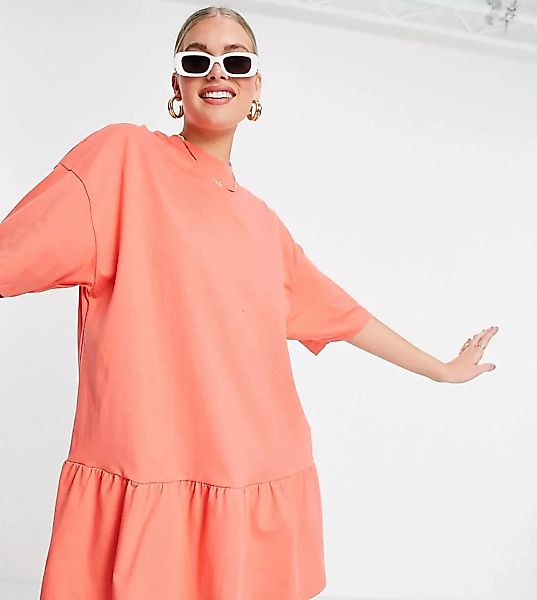 ASOS DESIGN Tall – Oversized-T-Shirt-Kleid in Rosa mit Rüschensaum günstig online kaufen