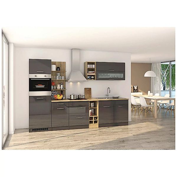 Küchenzeile 300 cm grau MARANELLO-03 inkl. E-Geräte, Anthrazit Hochglanz mi günstig online kaufen