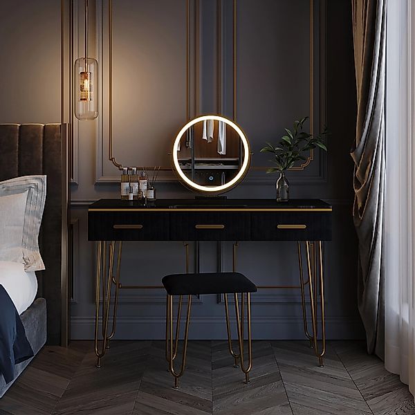 Vicco Schminktisch Layla Schwarz 100 cm mit LED Spiegel und Hocker günstig online kaufen