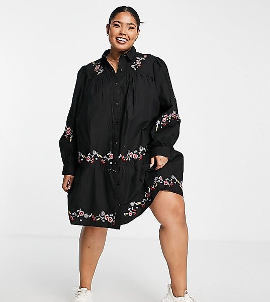 ASOS DESIGN Curve – Besticktes Minihemdkleid mit Knopfleiste und Schößchen günstig online kaufen