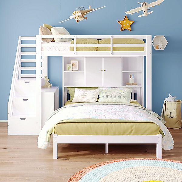 Flieks Etagenbett, Kinderbett 90x200cm+140x200cm mit Stauraumtreppe, günstig online kaufen
