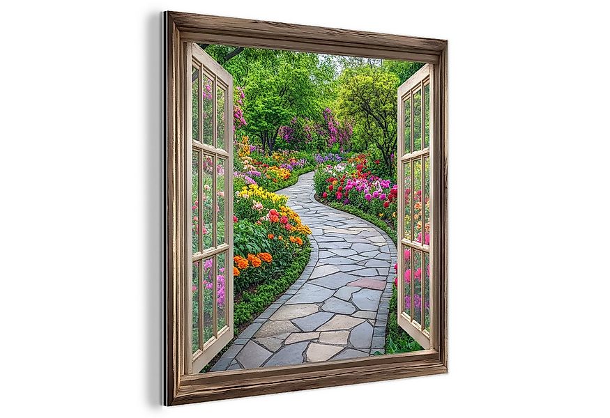 MuchoWow Metallbild Aussicht - Blumen - Gartenweg - Natur - Fenster, Inkl. günstig online kaufen