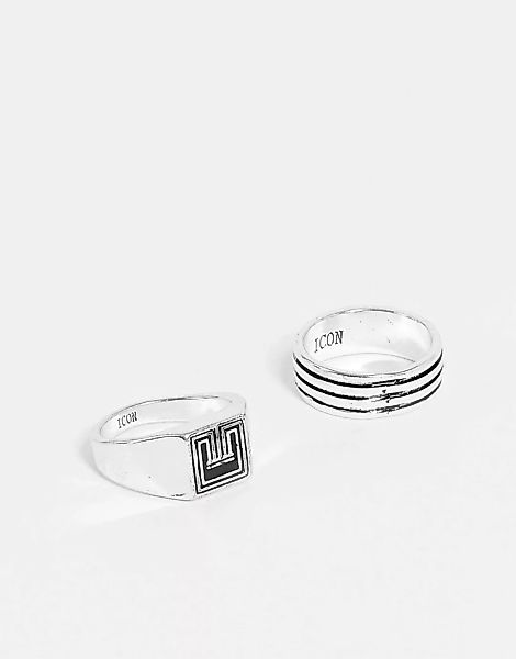 Icon Brand – Silberfarbene Ringe im Art-déco-Stil im 2er-Pack günstig online kaufen
