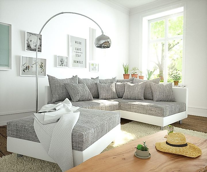 DELIFE Ecksofa Clovis, Weiss Hellgrau mit Hocker Ottomane Rechts Ecksofa Mo günstig online kaufen