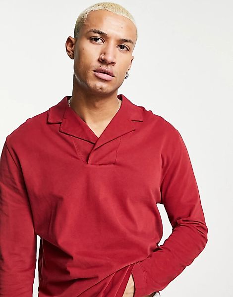 ASOS DESIGN – Langärmliges Poloshirt in Burgunderrot mit lockerem Schnitt u günstig online kaufen