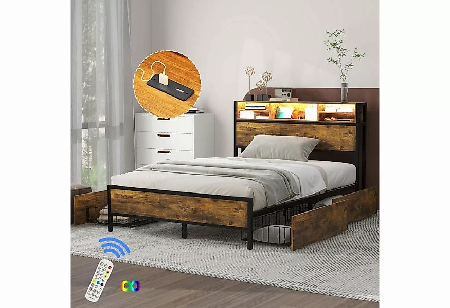 Flieks Holzbett, LED Beleuchtung Doppelbett mit 4 Schubladen USB-Ladefunkti günstig online kaufen