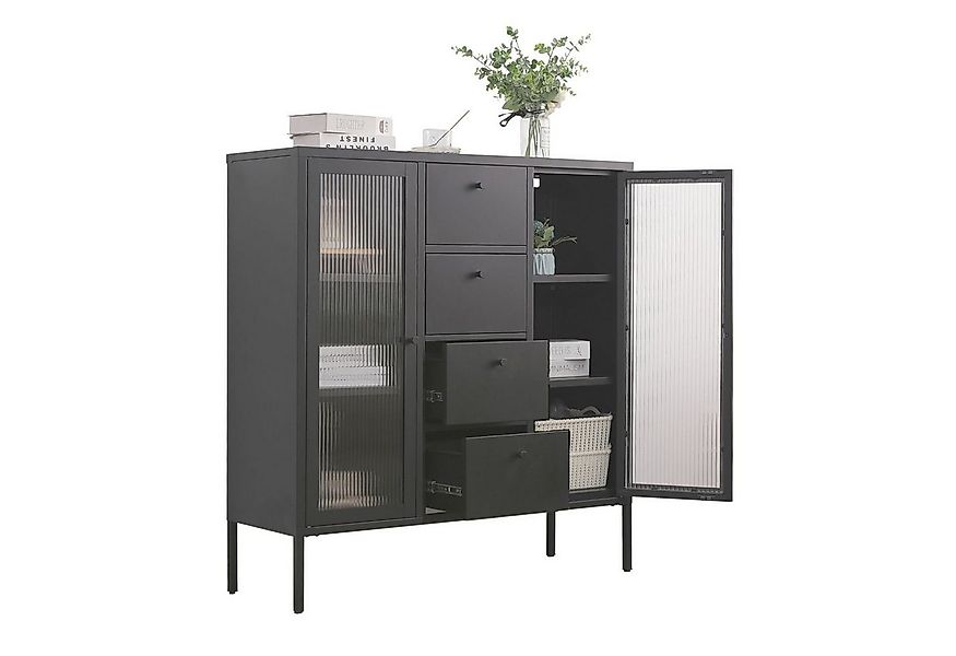 Mein-Regal Highboard PARIS, Schwarz Kommode Metall Glastüren, 4 Schubladen günstig online kaufen