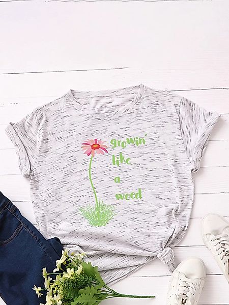 Kurzes O-Ausschnitt-T-Shirt mit Blumendruck für Damen günstig online kaufen