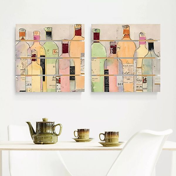 2-teiliges Holzbild Plankenoptik Küche - Quadrat Weinflaschen in Wasserfarb günstig online kaufen