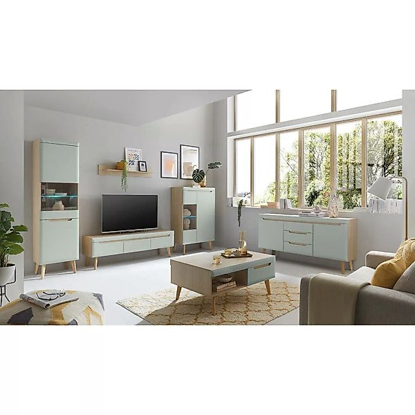 Wohnzimmer Set in Grün Matt mit Eiche STOCKTON-61, 6-teilig inkl. Couchtisc günstig online kaufen