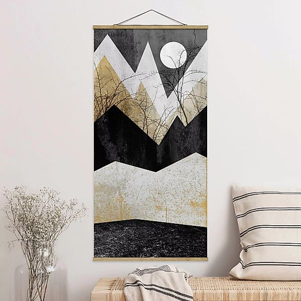 Stoffbild Abstrakt mit Posterleisten - Hochformat Goldene Berge Äste günstig online kaufen