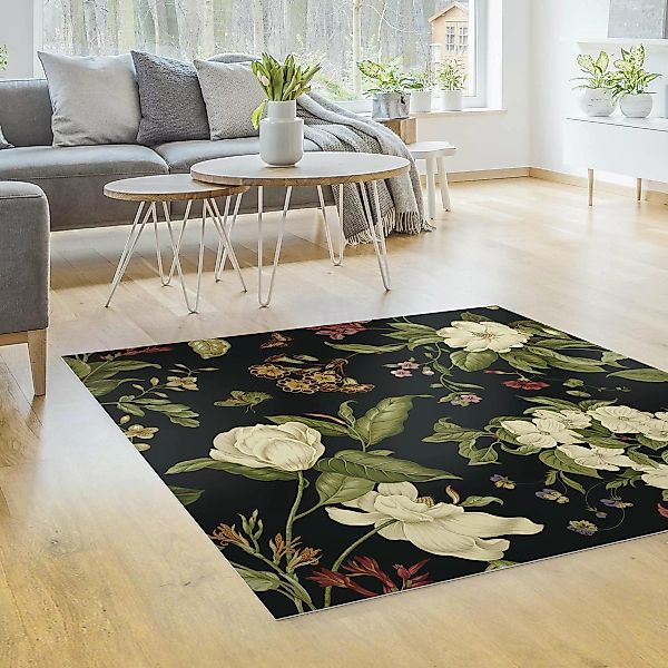 Vinyl-Teppich Gartenblumen auf Schwarz I günstig online kaufen