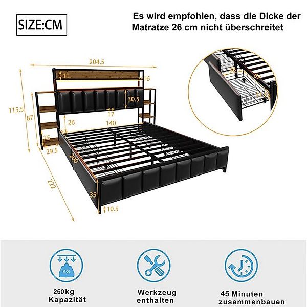 Flieks Metallbett, LED Polsterbett Doppelbett 140x200cm mit Stauraumregale, günstig online kaufen