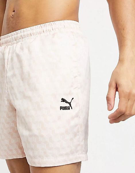Puma – Summer Luxe – Satin-Shorts mit All-over-Print in Rosa, 6 Zoll lang günstig online kaufen