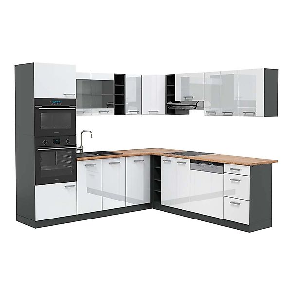 Vicco R-Line Eckküche Weiß Hochglanz/Anthrazit 237 x 247 cm AP Eiche ohne E günstig online kaufen