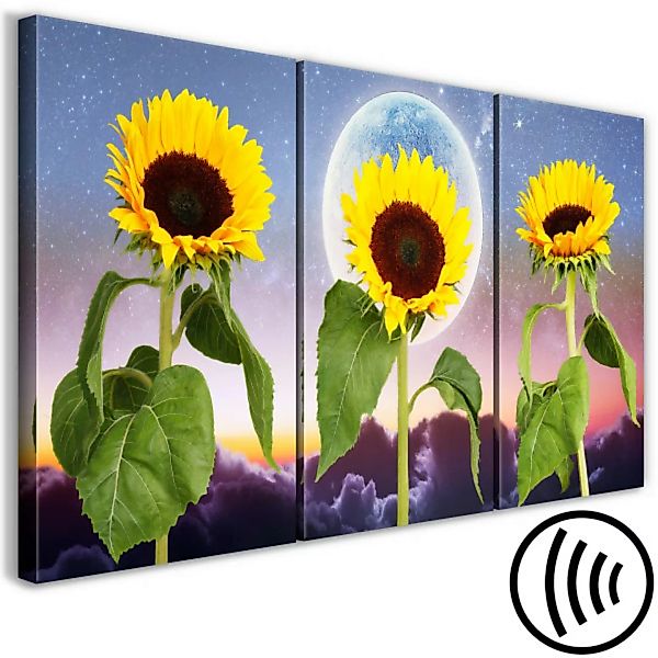 Wandbild Sonnenblumen mit Wolken im Hintergrund - Triptychon mit Blumen XXL günstig online kaufen
