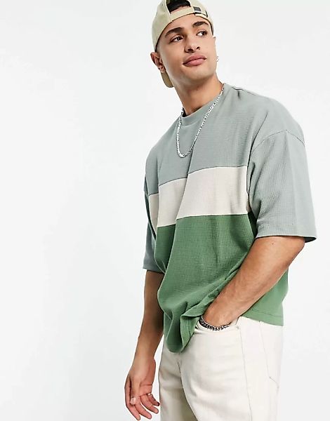 ASOS DESIGN – Oversize-T-Shirt in Grün und Beige mit Waffelstruktur und Blo günstig online kaufen