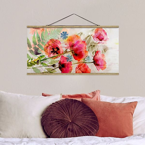 Stoffbild Blumen mit Posterleisten - Querformat Aquarell Blumen Mohn günstig online kaufen