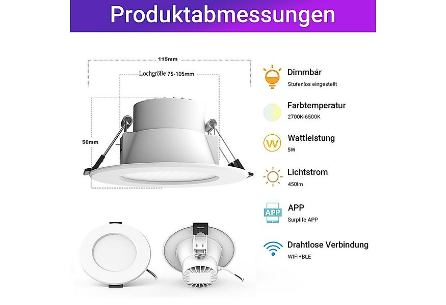 MUPOO LED Einbaustrahler Smart LED Spot Flach 5W,Bluetooth Alexa- & Google, günstig online kaufen