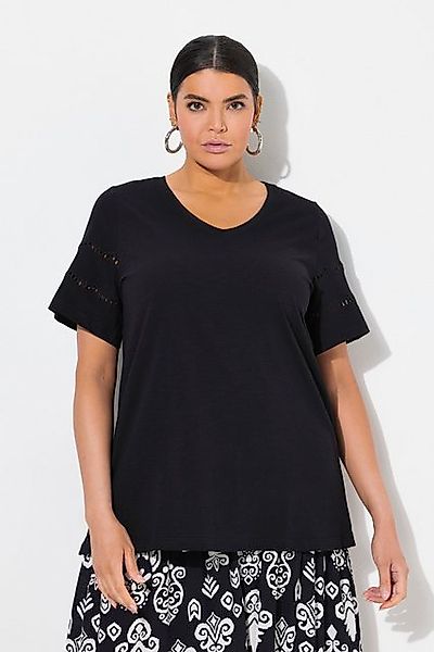 Ulla Popken T-Shirt T-Shirt Lochstickerei A-Linie V-Ausschnitt günstig online kaufen