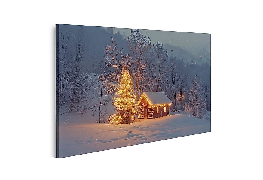 islandburner Leinwandbild, Winterliche Hütte und beleuchteter Weihnachtsbau günstig online kaufen