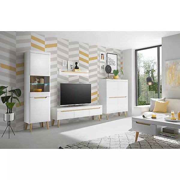 Wohnzimmer komplett Set in Weiß Matt mit Eiche STOCKTON-61, 5-teilig inkl. günstig online kaufen