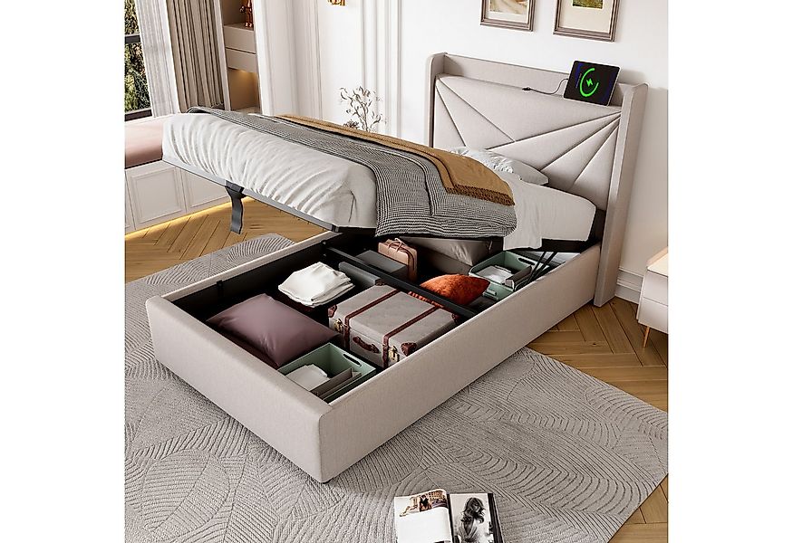 Flieks Polsterbett, Massivholz Stauraumbett mit USB/Typ-C Ladeanschluss 90x günstig online kaufen