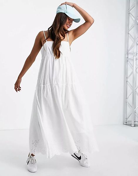 Mango – Sommerkleid in Weiß mit Lochstickerei, Ziernaht und eckigem Ausschn günstig online kaufen