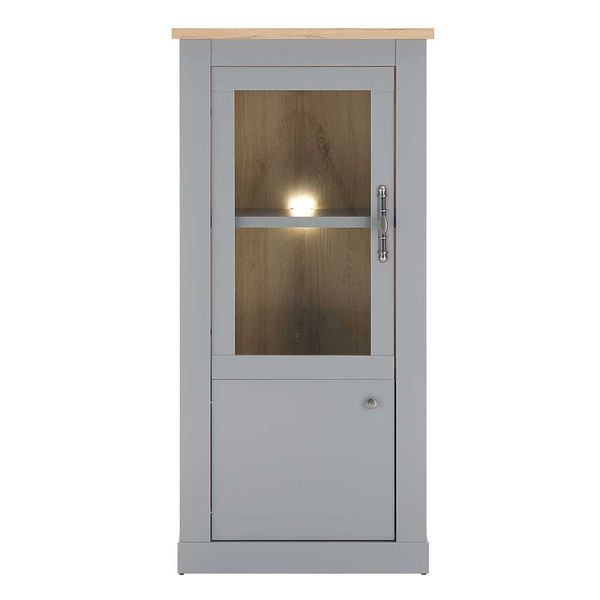 Landhaus Vitrine in Lichtgrau und Eichefarben Glastür günstig online kaufen