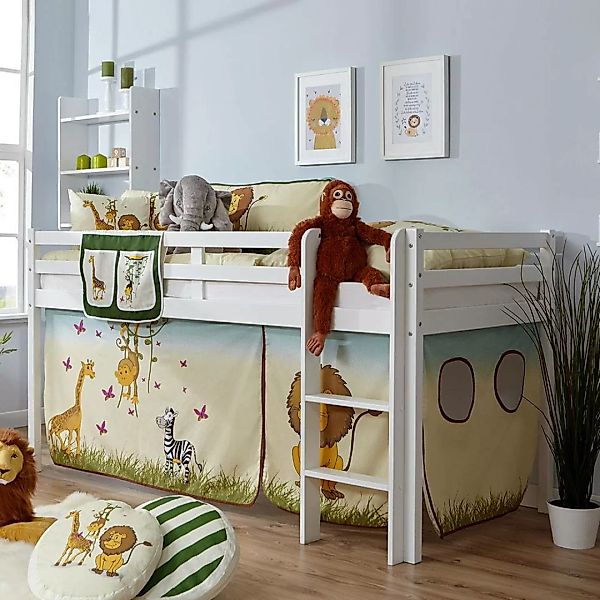 Kinderzimmer Bett aus Buche Massivholz in Weiß Zootier Motiv günstig online kaufen