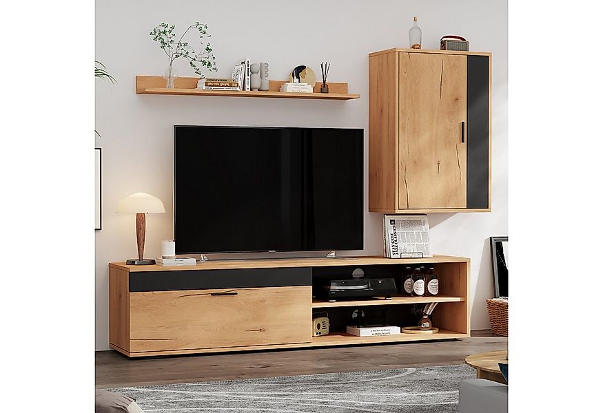 Merax Wohnwand in Holzfarbe, (3-St), 3-teiliges TV-Wohnwand-Set mit V-Schra günstig online kaufen