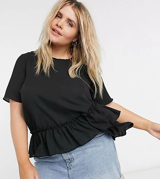 ASOS DESIGN Curve – Gewebtes schwarzes T-Shirt mit Rüschensaum günstig online kaufen