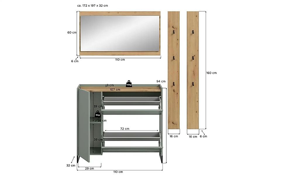 Garderobenkombination   ¦ grün ¦ Maße (cm): B: 192 H: 172 Garderoben & Klei günstig online kaufen
