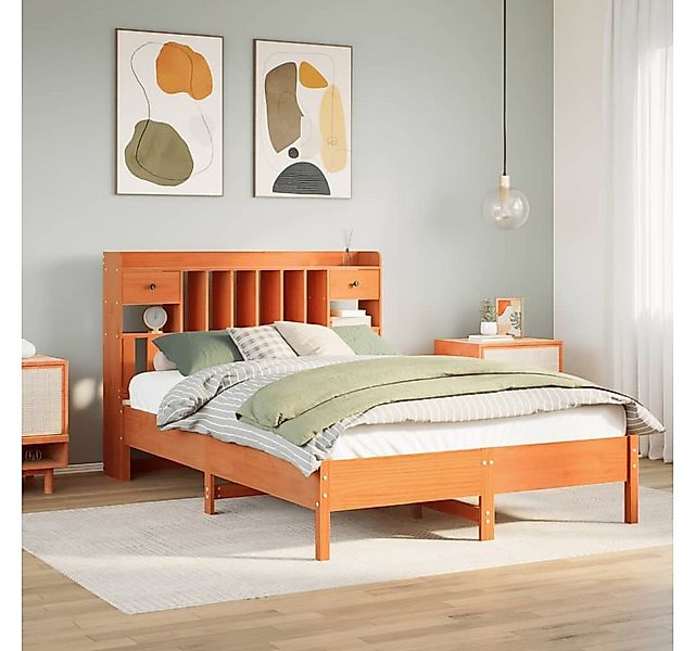 vidaXL Bett, Massivholzbett mit Regal ohne Matratze Wachsbraun 135x190 cm günstig online kaufen