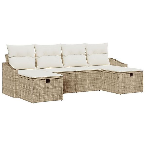 vidaXL Loungesofa 6-teiliges Garten-Sofa-Set mit Kissen Beige Poly Rattan, günstig online kaufen