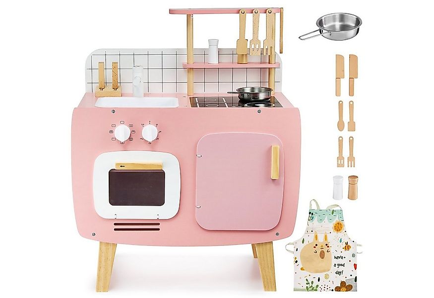 Mamabrum Spielküche Retro-Küche aus Holz mit Schürze und Zubehör - Rosa günstig online kaufen