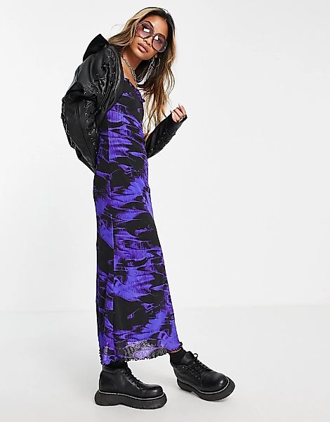 Topshop – Midi-Trägerkleid aus Netzstoff in Lila mit Batikmuster-Violett günstig online kaufen