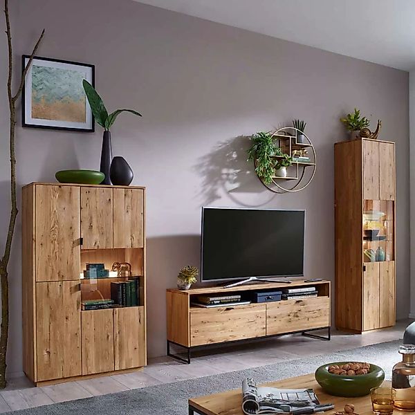 Holz Design Wohnwand in Wildeichefarben Schwarz (dreiteilig) günstig online kaufen