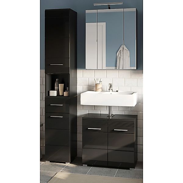 Inn.Furn Badmöbel-Set Schwarz Hochglanz 3-teilig 105 cm 17 Fächer Leon günstig online kaufen