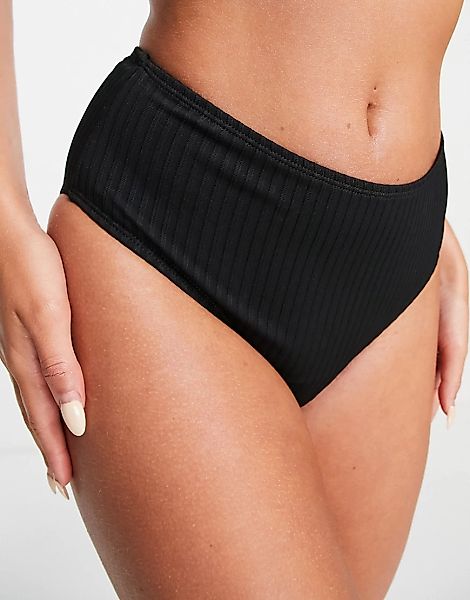 Cotton:On – Gerippte Bikinihose in Schwarz mit hoher Taille, Kombiteil günstig online kaufen