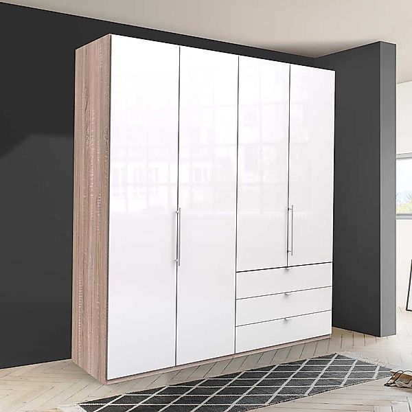 Moderner Falttüren Schrank in Weiß Eiche Sägerau glasbeschichtet günstig online kaufen