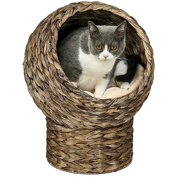 PawHut Tierhaus Katzenkorb aus Wasserhyazinthe, Katzenbett mit Kissen, für günstig online kaufen