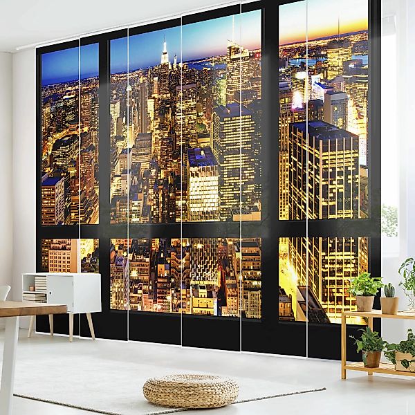 Schiebegardine Set Fensterblick New York bei Nacht günstig online kaufen