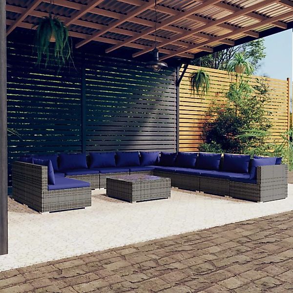 Vidaxl 12-tlg. Garten-lounge-set Mit Kissen Grau Poly Rattan günstig online kaufen