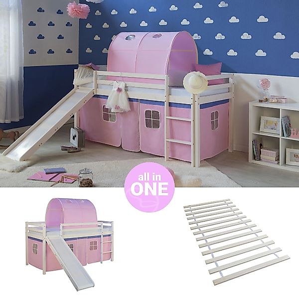 Homestyle4u Hochbett 90x200 mit Vorhang Lattenrost Rutsche und Tunnel in We günstig online kaufen