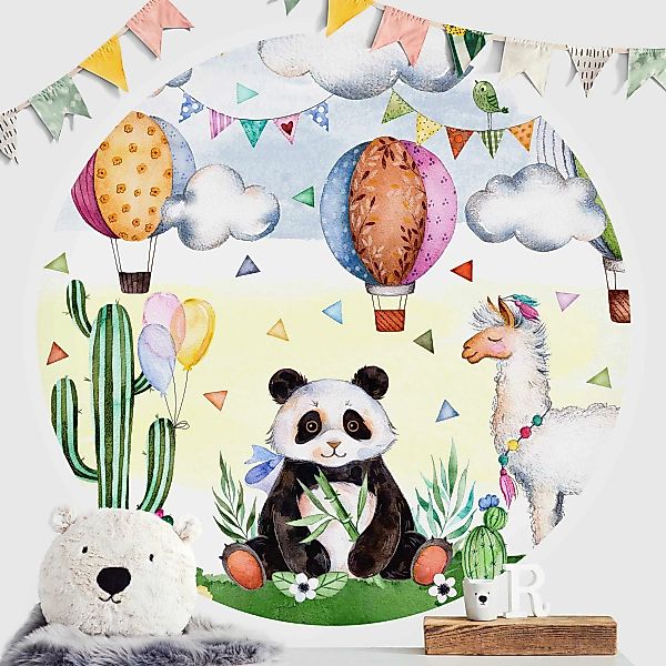 Runde Fototapete Panda und Lama Aquarell günstig online kaufen