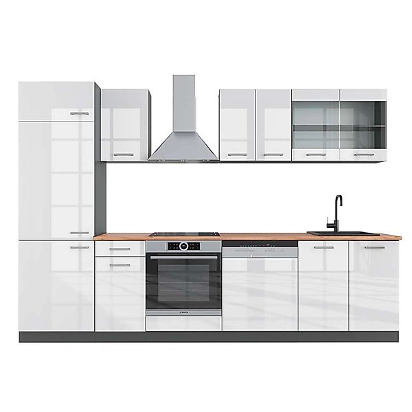 Vicco R-Line Küchenzeile Weiß Hochglanz/Anthrazit 300 cm AP Eiche günstig online kaufen