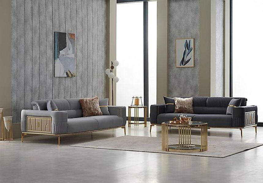 JVmoebel Sofa Sofagarnitur Dreisitzer Couch Stoff 2tlg Polstersofa Grau Sof günstig online kaufen