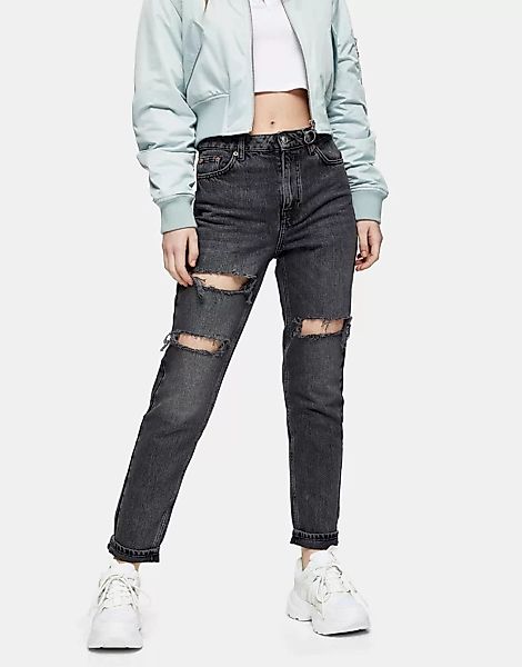 Topshop – Mom-Jeans mit doppelten Knierissen in verwaschenem Schwarz günstig online kaufen