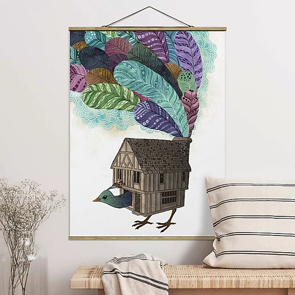 Stoffbild Tiere mit Posterleisten - Hochformat Illustration Vogel Haus mit günstig online kaufen